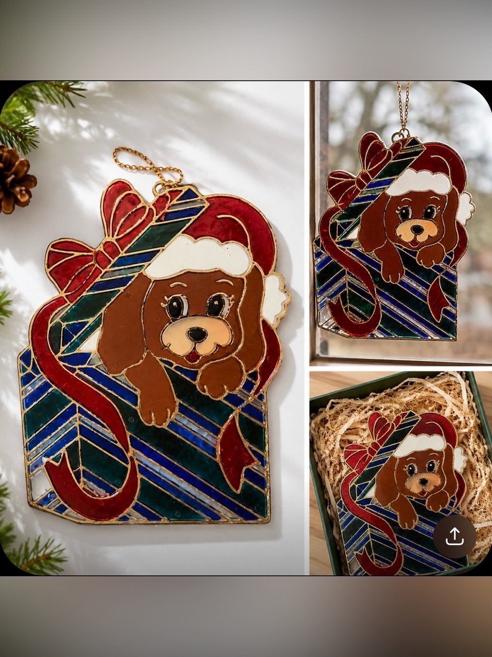 Vintage 80s Christmas Puppy Suncatcher Faux Stained Glass Giftco